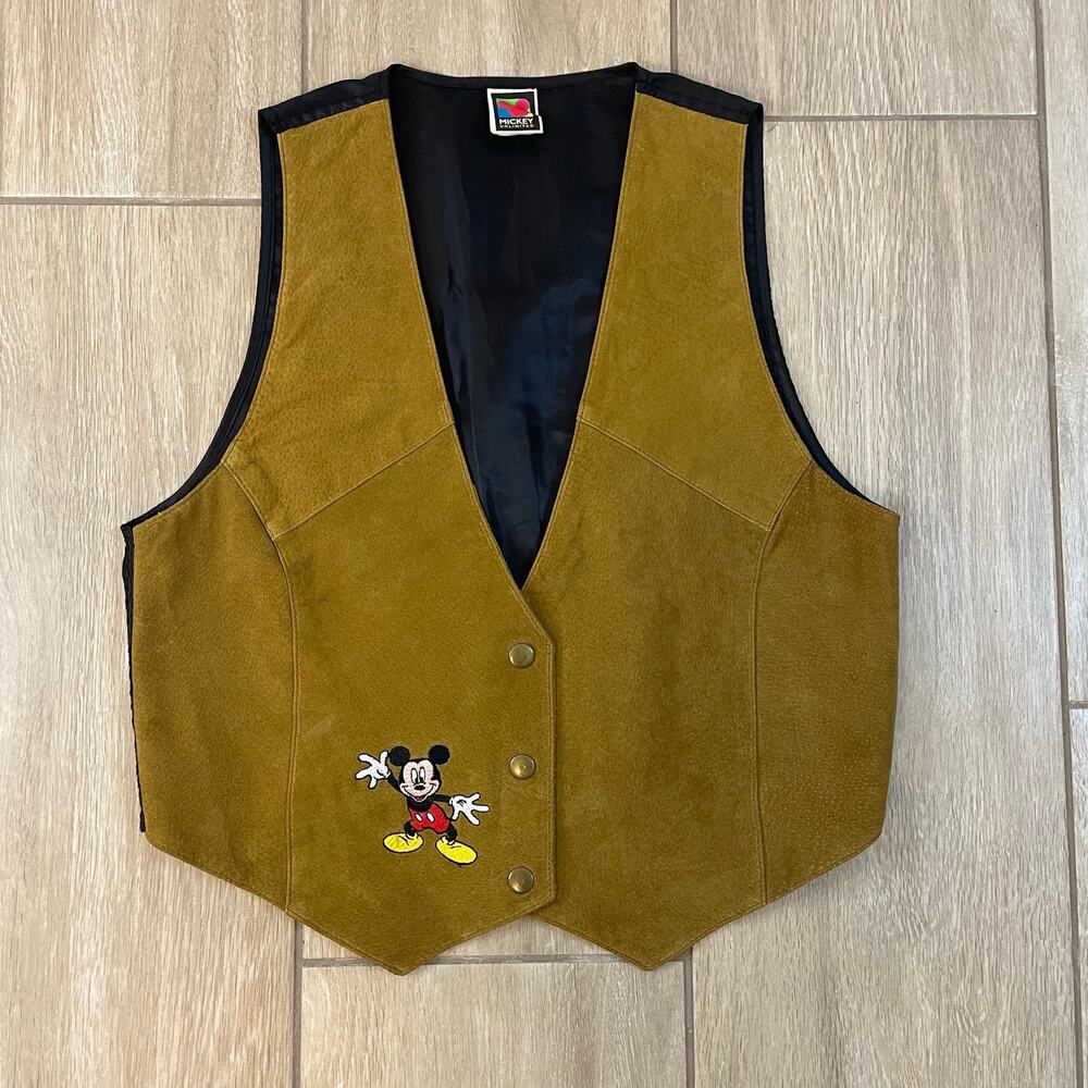 Vintage Disney Mickey Mouse Suede Leather Vest Brown Embroidered S M
